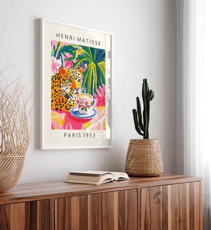 Leopard Drinking Coffee Art Print: Henri Matisse Style Kitchen Decor