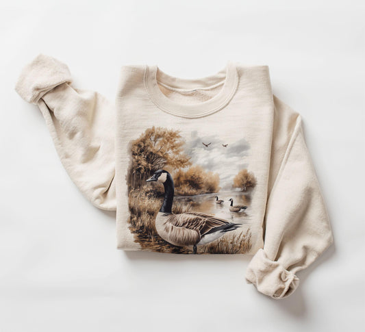 Retro Goose Fall Scene Sweatshirt - 90s Waterfowl Geese Wildlife Nature Outfit - Boho Unisex Crewneck Sweatshirt