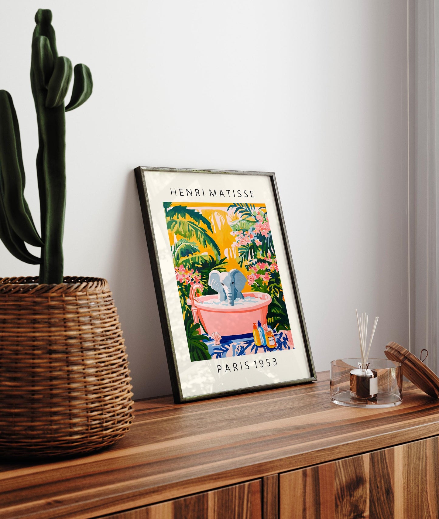 Elephant in Bathtub Art Print: Tropical Matisse Style Bathroom Decor