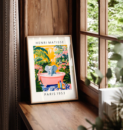 Elephant in Bathtub Art Print: Tropical Matisse Style Bathroom Decor