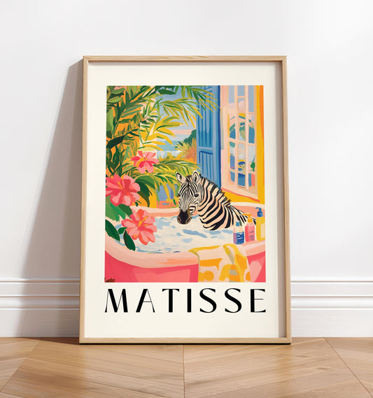 Zebra in Bathtub Art Print: Funny Pink Bathroom Decor, Matisse Style