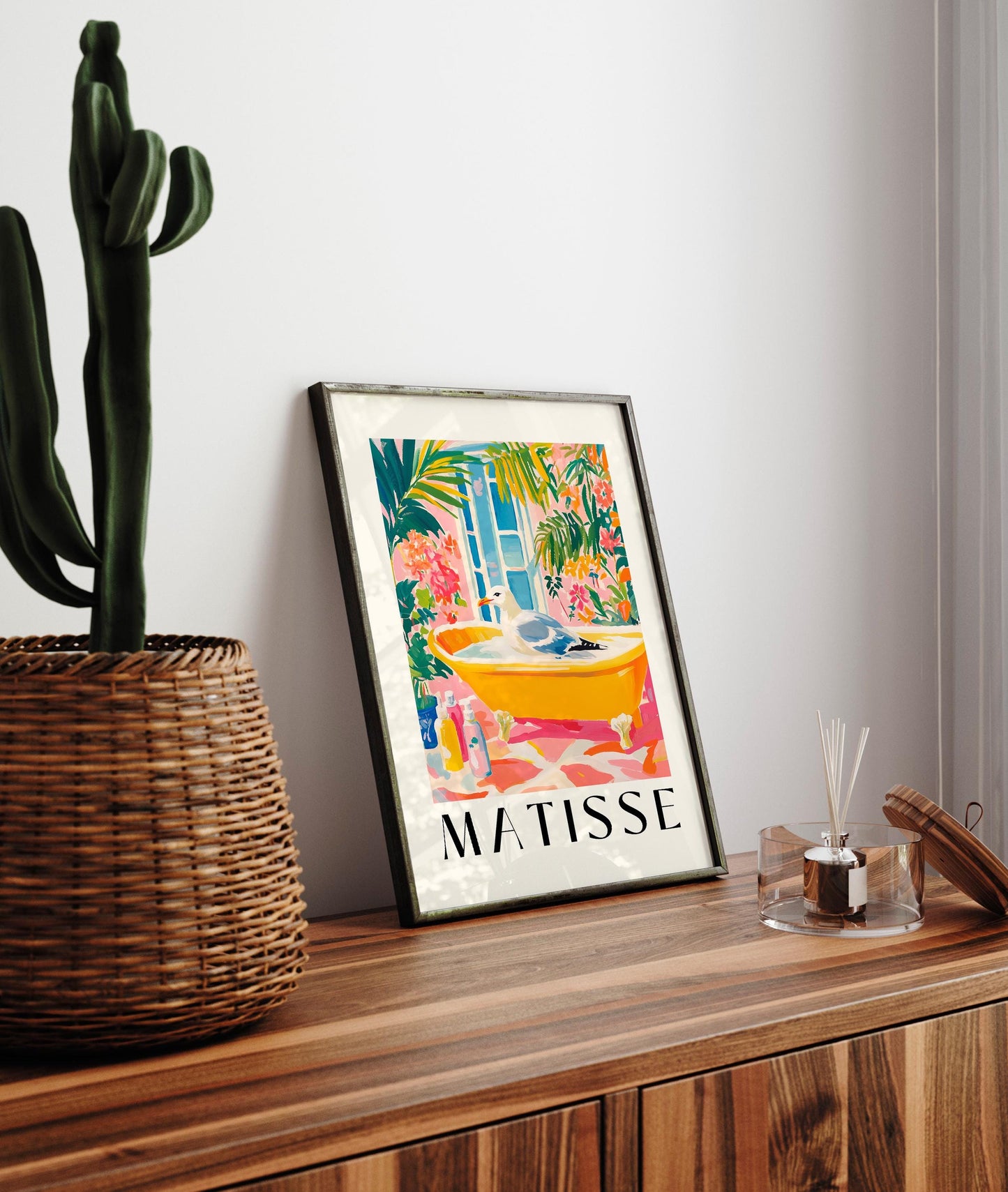 Seagull in Bathtub Art Print: Funny Matisse Style Bathroom Decor
