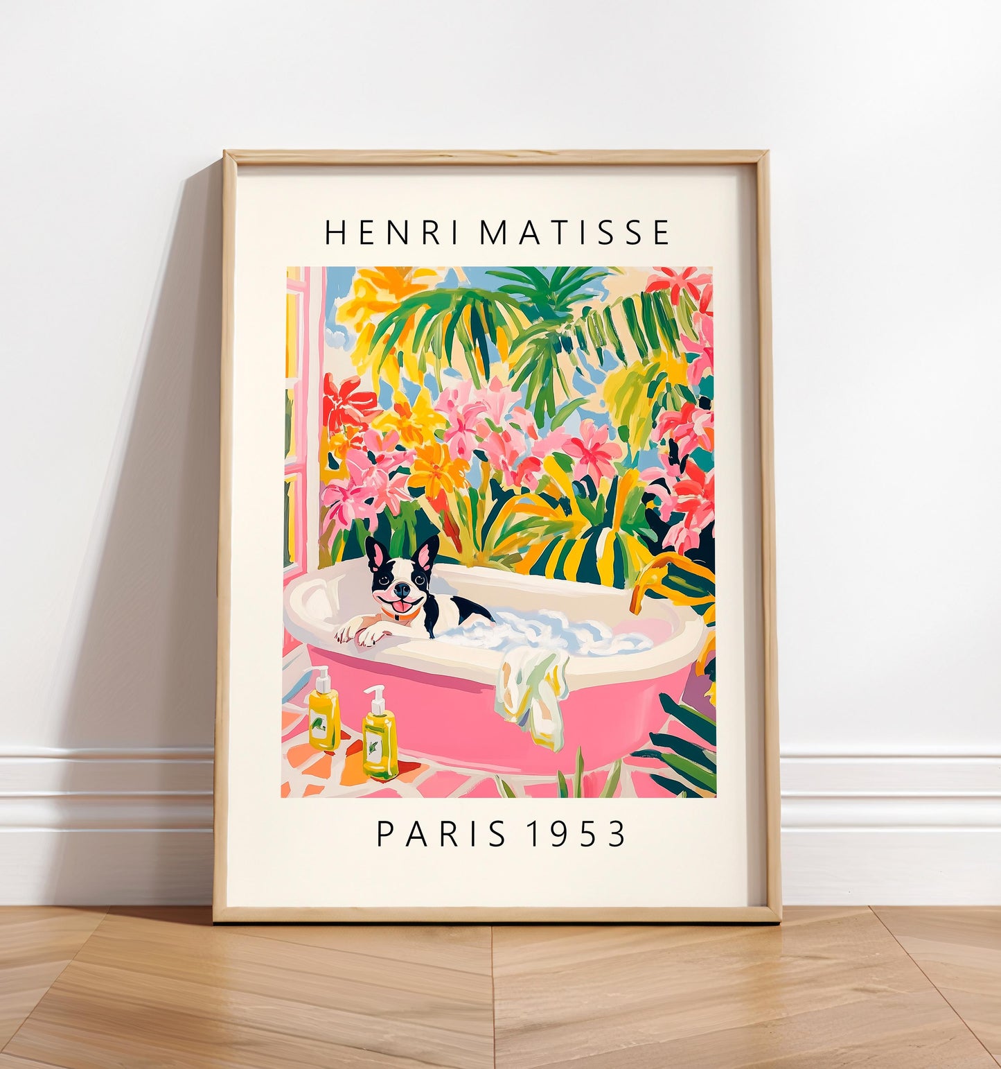 French Bulldog Matisse Print: Funny Bathroom Tropical Art