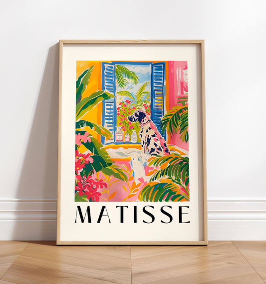 Great Dane in bathtub, Funny bathroom wall art, Dog art print, Matisse print for dog lovers, Pink dopamine decor
