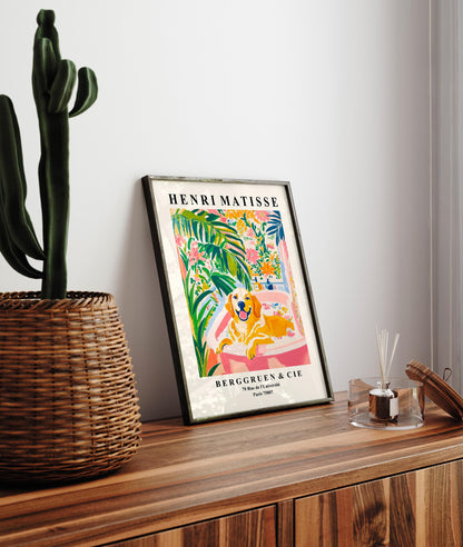 Golden Retriever in Bath Matisse Print: Funny Dog Bathroom Wall Art