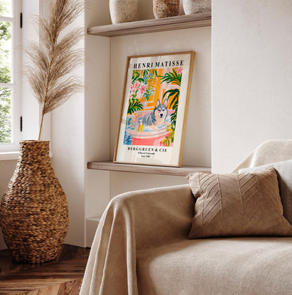 Husky in Bathtub Art Print: Matisse Style Dog Poster for Bathroom