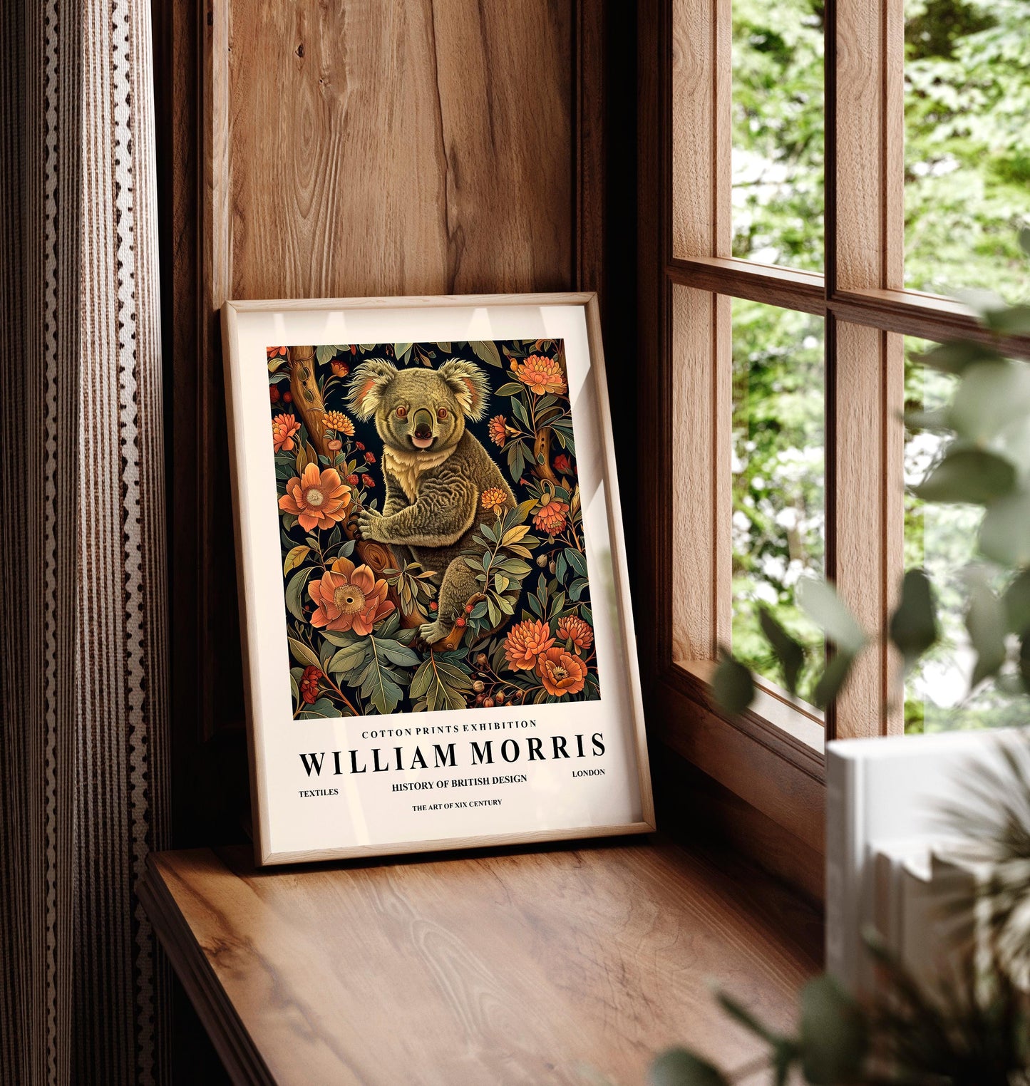 Koala Print: William Morris Style, Dark Botanical Animal Poster