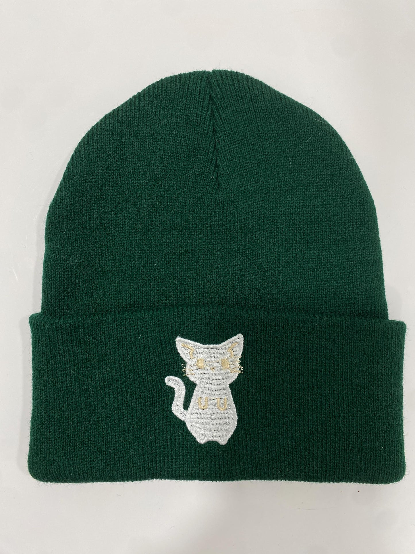 Embroidered CAT Beanie, Cute White Kitten on Dark Green Winter hat, Kid-Friendly Comfy Cold Weather Wear, Great Gift for Cat Lovers