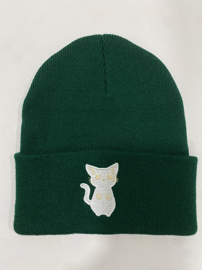 Embroidered CAT Beanie, Cute White Kitten on Dark Green Winter hat, Kid-Friendly Comfy Cold Weather Wear, Great Gift for Cat Lovers