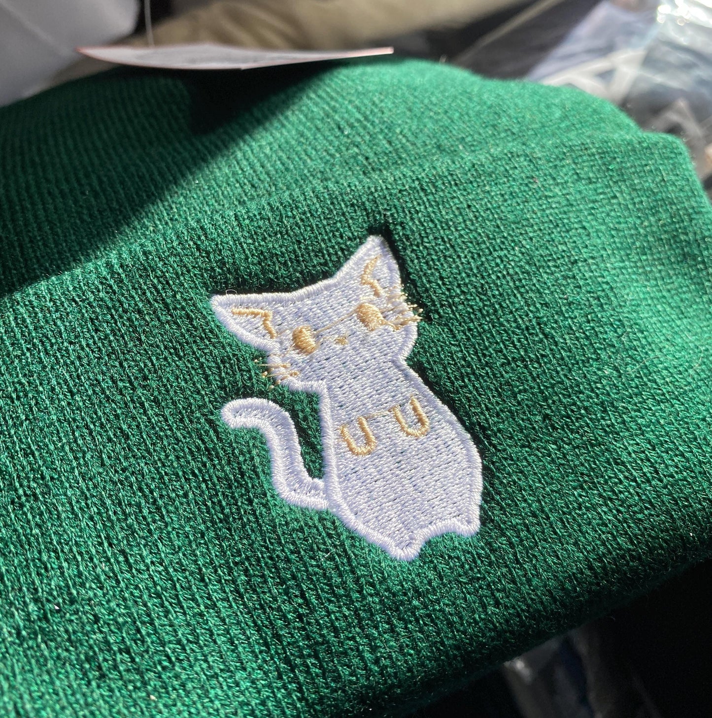 Embroidered CAT Beanie, Cute White Kitten on Dark Green Winter hat, Kid-Friendly Comfy Cold Weather Wear, Great Gift for Cat Lovers