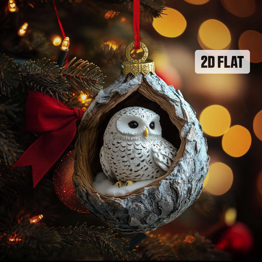 Owl 2D Flat Ornament, Snowy Owl Rearview Mirror Car Accessories, White Owl Christmas Ornament, Bird Ornament, Christmas Gift for Owl Lovers