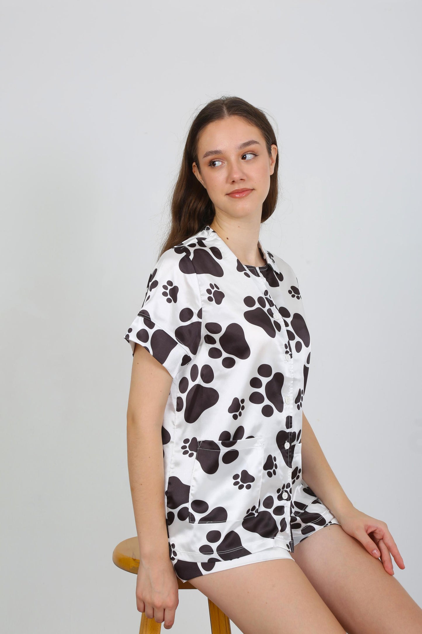 Dog Paw Print Satin Pajama Set | Button-Up Shirt- Shorts | Soft- Stylish Sleepwear | Perfect for Homewear Comfort | Satin Pajama