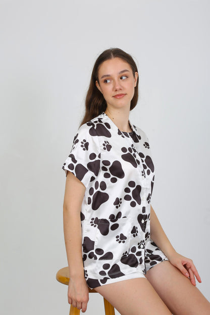 Dog Paw Print Satin Pajama Set | Button-Up Shirt- Shorts | Soft- Stylish Sleepwear | Perfect for Homewear Comfort | Satin Pajama
