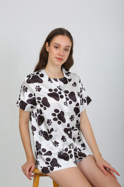 Dog Paw Print Satin Pajama Set | Button-Up Shirt- Shorts | Soft- Stylish Sleepwear | Perfect for Homewear Comfort | Satin Pajama