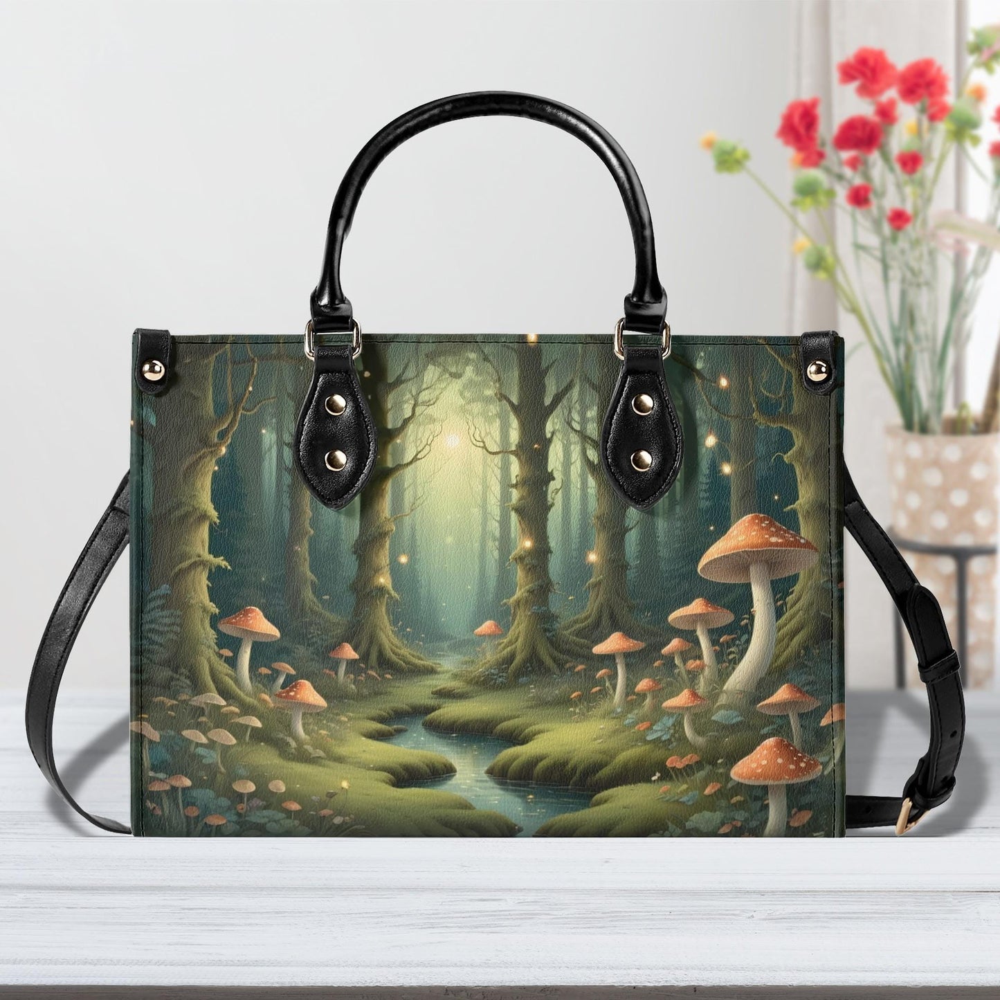 Sunlit Forest with Dappled Mushrooms Bag Cute Crossbody Bag Unique Purse Cute Purse, Luxury Bag Vegan Leather Bags Printed Designer Bag