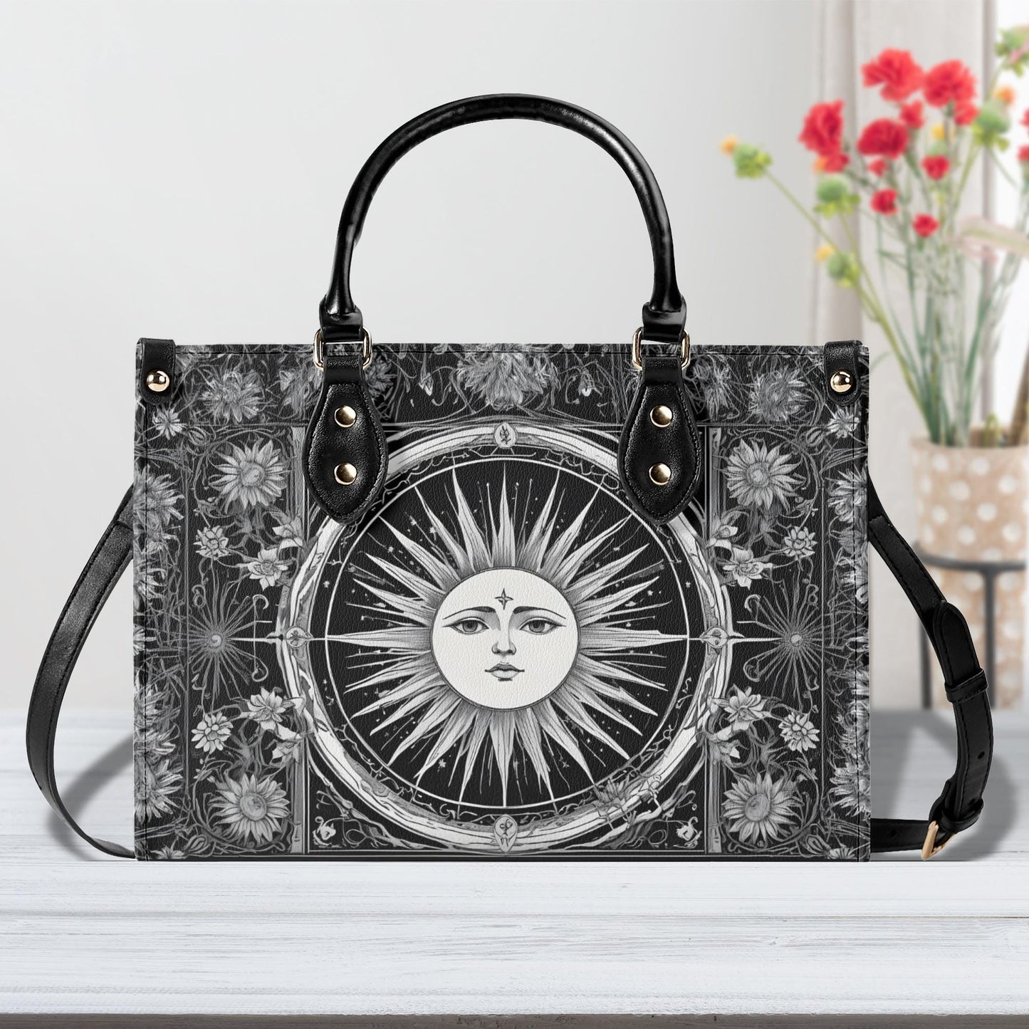 Black White Sun Tarot Inspired Designer Bag Cute Crossbody Bag Unique Purse Cute Purse, Luxury Bag Vegan Leather Bags Printed Designer Bag