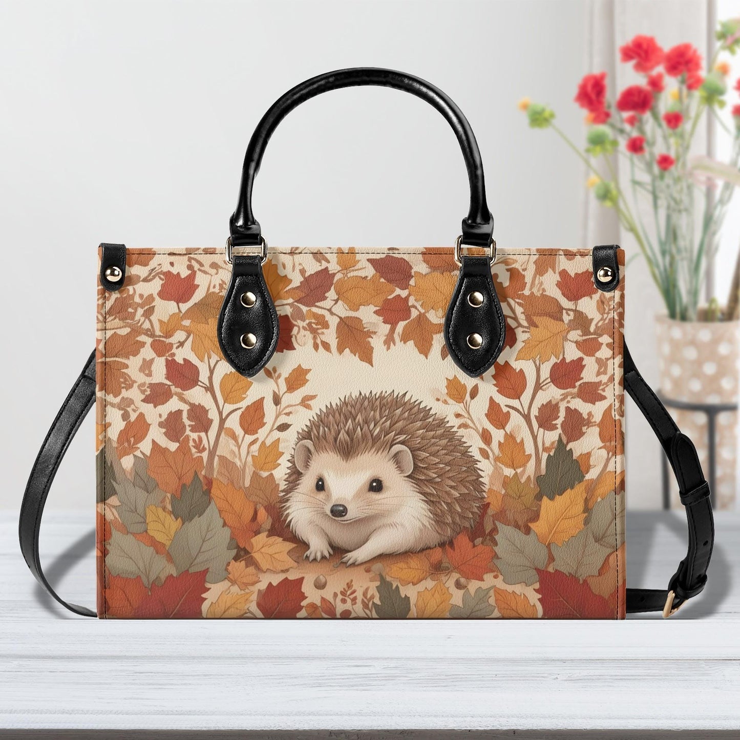 Little Hedgehog Crossbody Bag with Autumn Leaves - Nature-Inspired Vegan Leather Purse, Unique Gift for Women