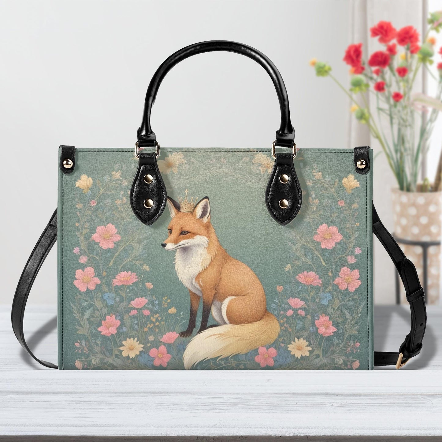 Curious Fox with Wildflowers Crossbody Bag - Vegan Leather Purse, Unique Nature-Inspired Gift for Women