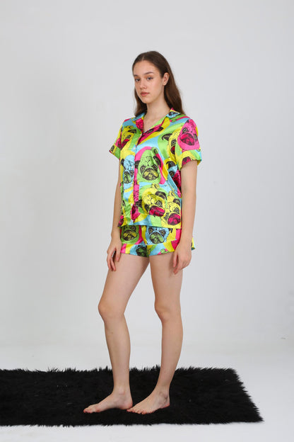 Whimsical Pug Print Pajama Set - Short Sleeve Shirt & Shorts - Colorful Dog Faces on Fabric - Fun, Cozy Sleepwear - Satin Pajamas