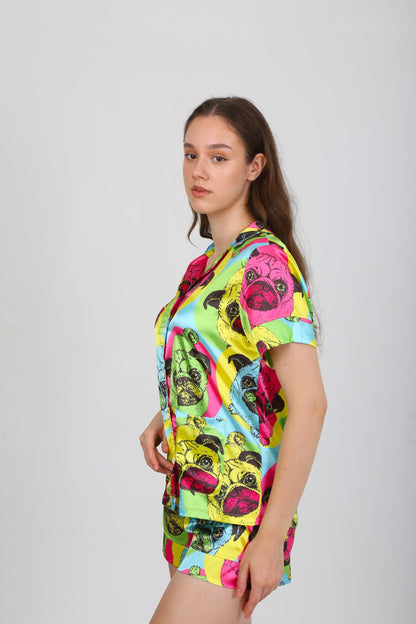 Whimsical Pug Print Pajama Set - Short Sleeve Shirt & Shorts - Colorful Dog Faces on Fabric - Fun, Cozy Sleepwear - Satin Pajamas