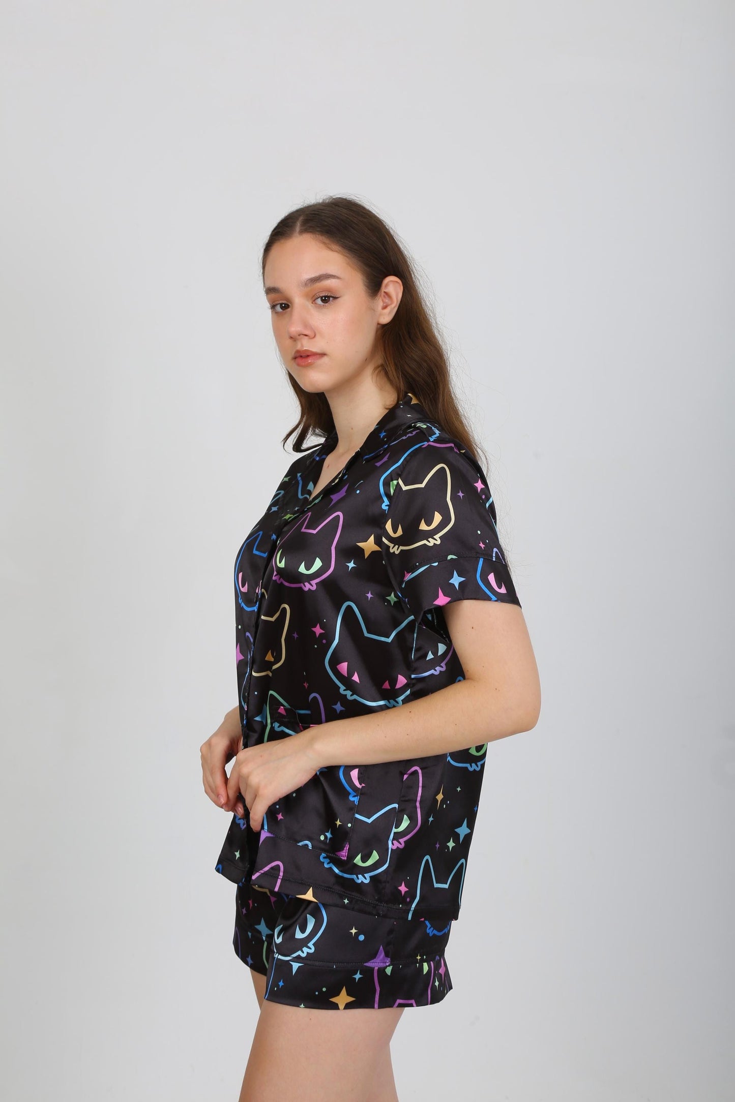 Black Satin Pajama Set with Vibrant Cat Paw Print - Short Sleeve Button-Up Shirt - Shorts - Stylish & Comfortable Loungewear for Home