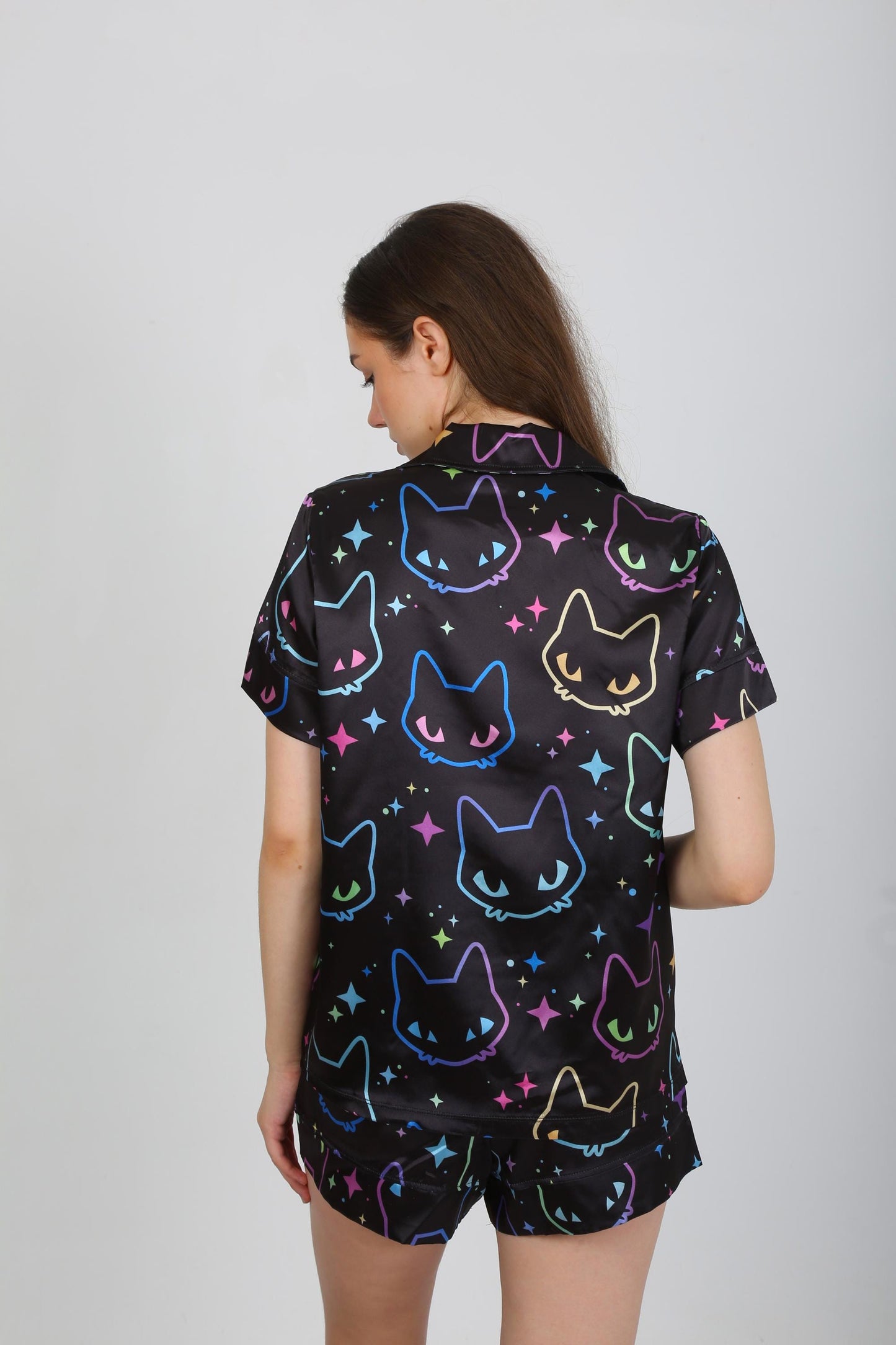 Black Satin Pajama Set with Vibrant Cat Paw Print - Short Sleeve Button-Up Shirt - Shorts - Stylish & Comfortable Loungewear for Home