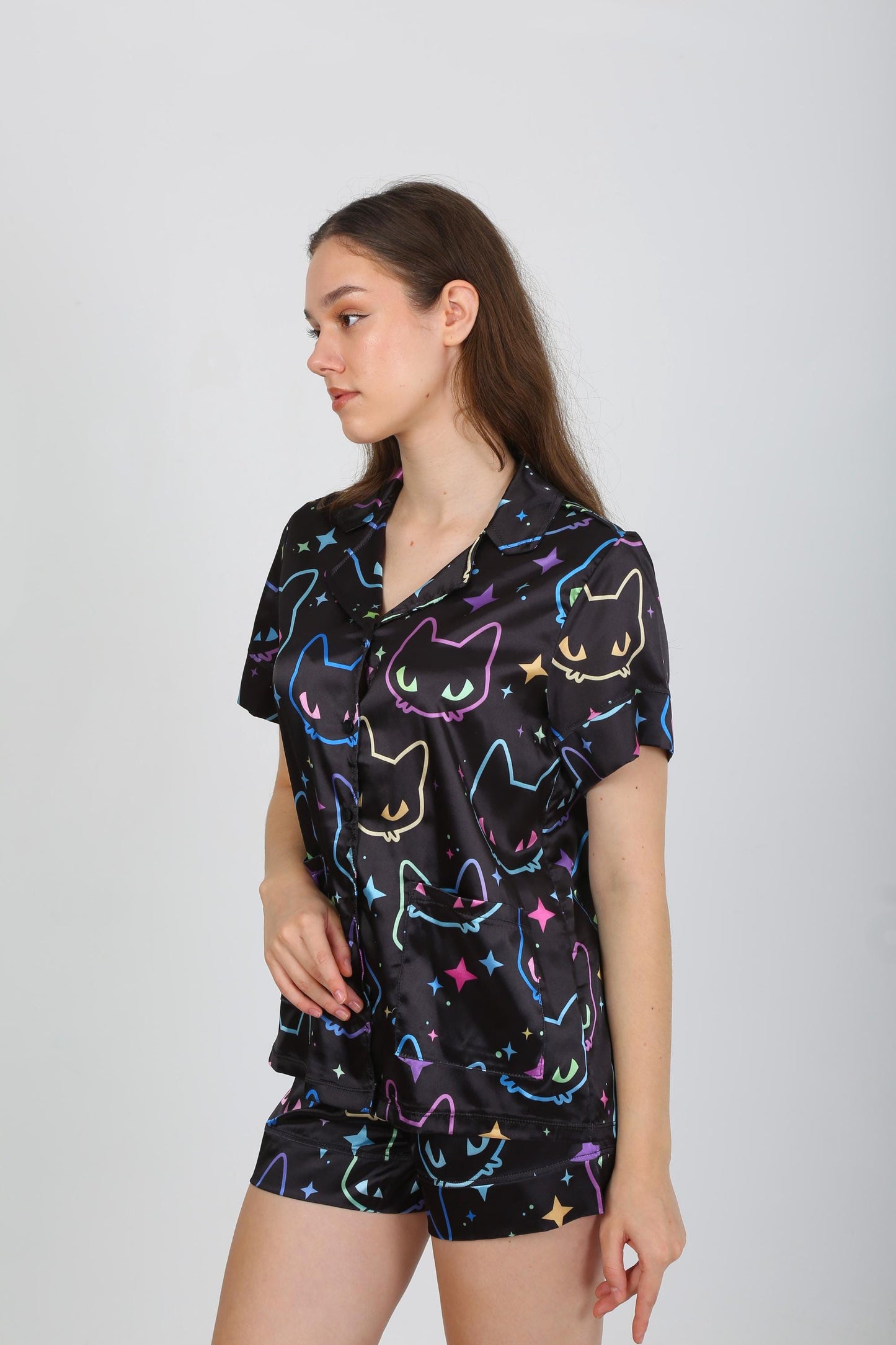 Black Satin Pajama Set with Vibrant Cat Paw Print - Short Sleeve Button-Up Shirt - Shorts - Stylish & Comfortable Loungewear for Home