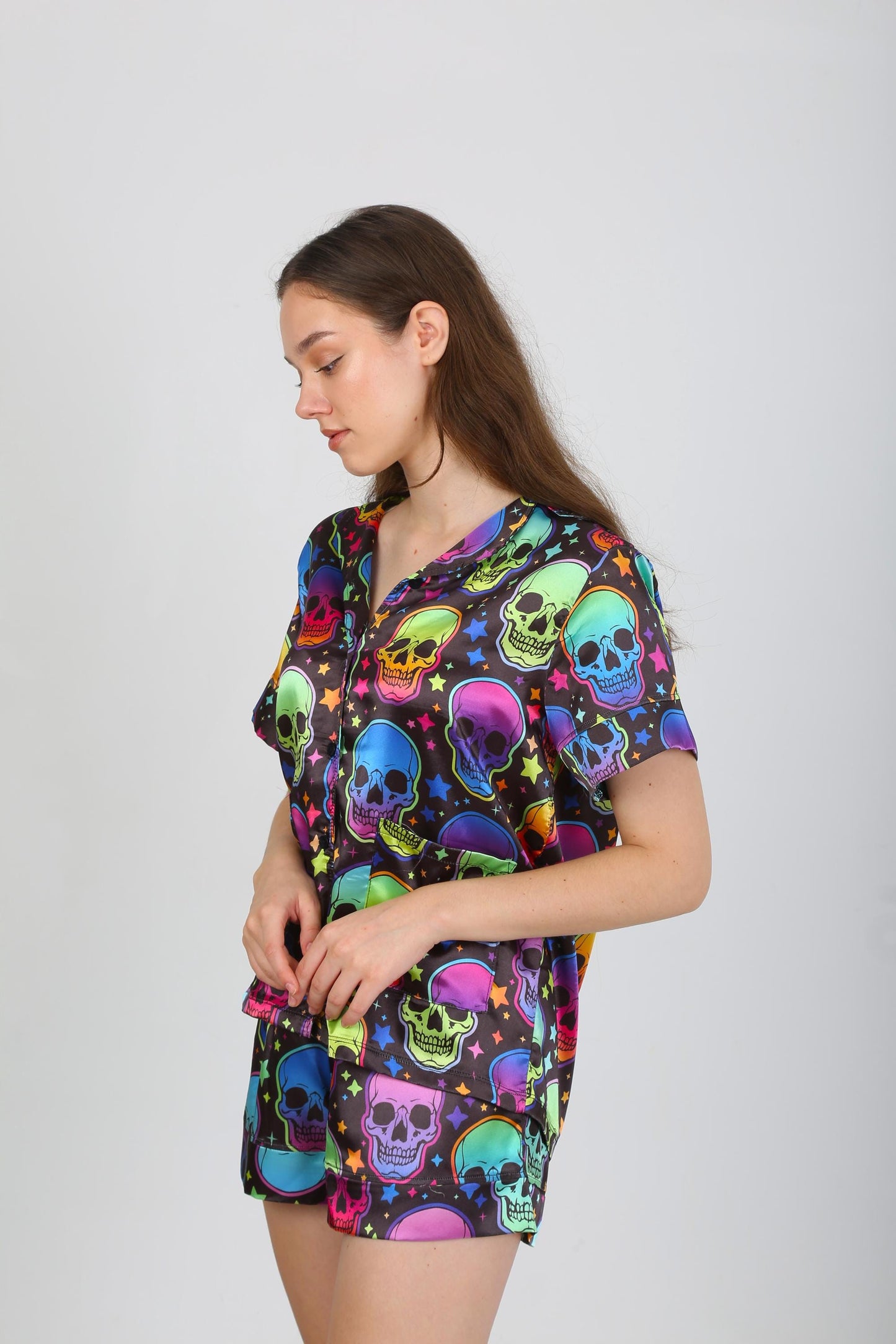Neon Skull Satin Halloween Pajama Set – Short Sleeve Button-Up Shirt - Shorts Colorful Skull & Star Design on Black Satin