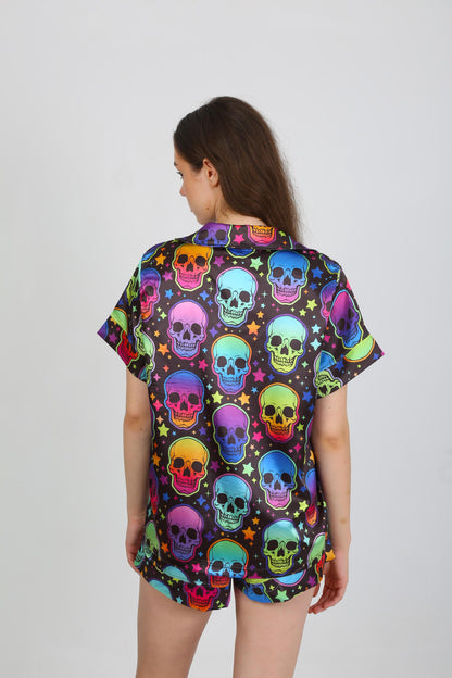 Neon Skull Satin Halloween Pajama Set – Short Sleeve Button-Up Shirt - Shorts Colorful Skull & Star Design on Black Satin