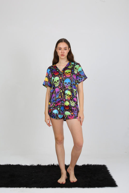Neon Skull Satin Halloween Pajama Set – Short Sleeve Button-Up Shirt - Shorts Colorful Skull & Star Design on Black Satin