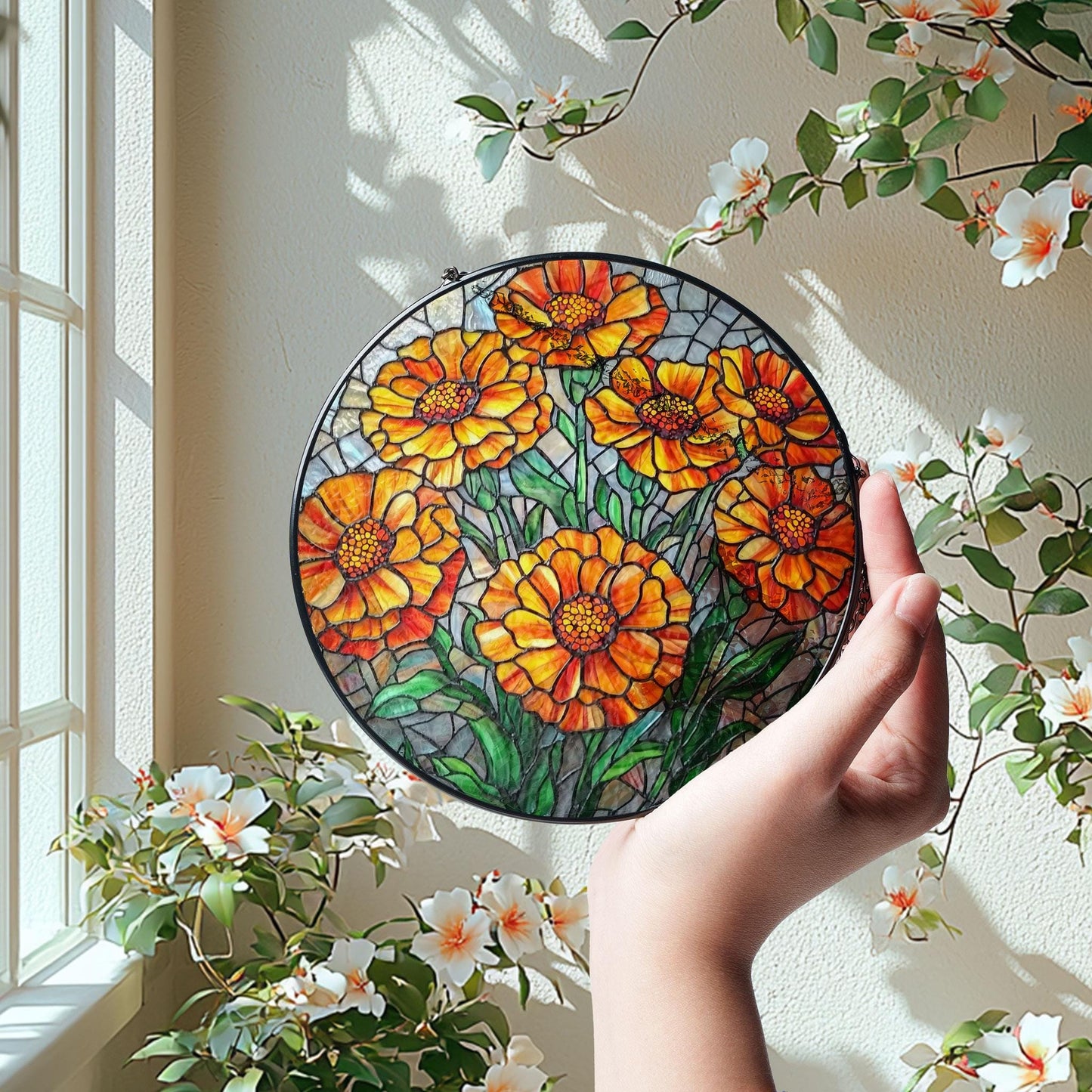 Marigold Flower GLASS Suncatcher, Birth Month Flower glass, Marigold Suncatcher ornament, Marigold glass, Grandma gift, Housewarming gift