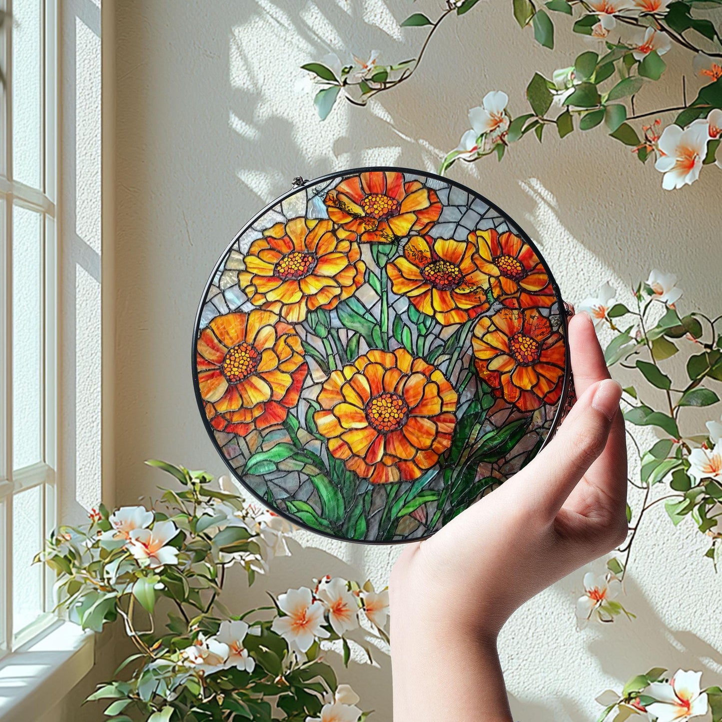 Marigold Flower GLASS Suncatcher, Birth Month Flower glass, Marigold Suncatcher ornament, Marigold glass, Grandma gift, Housewarming gift
