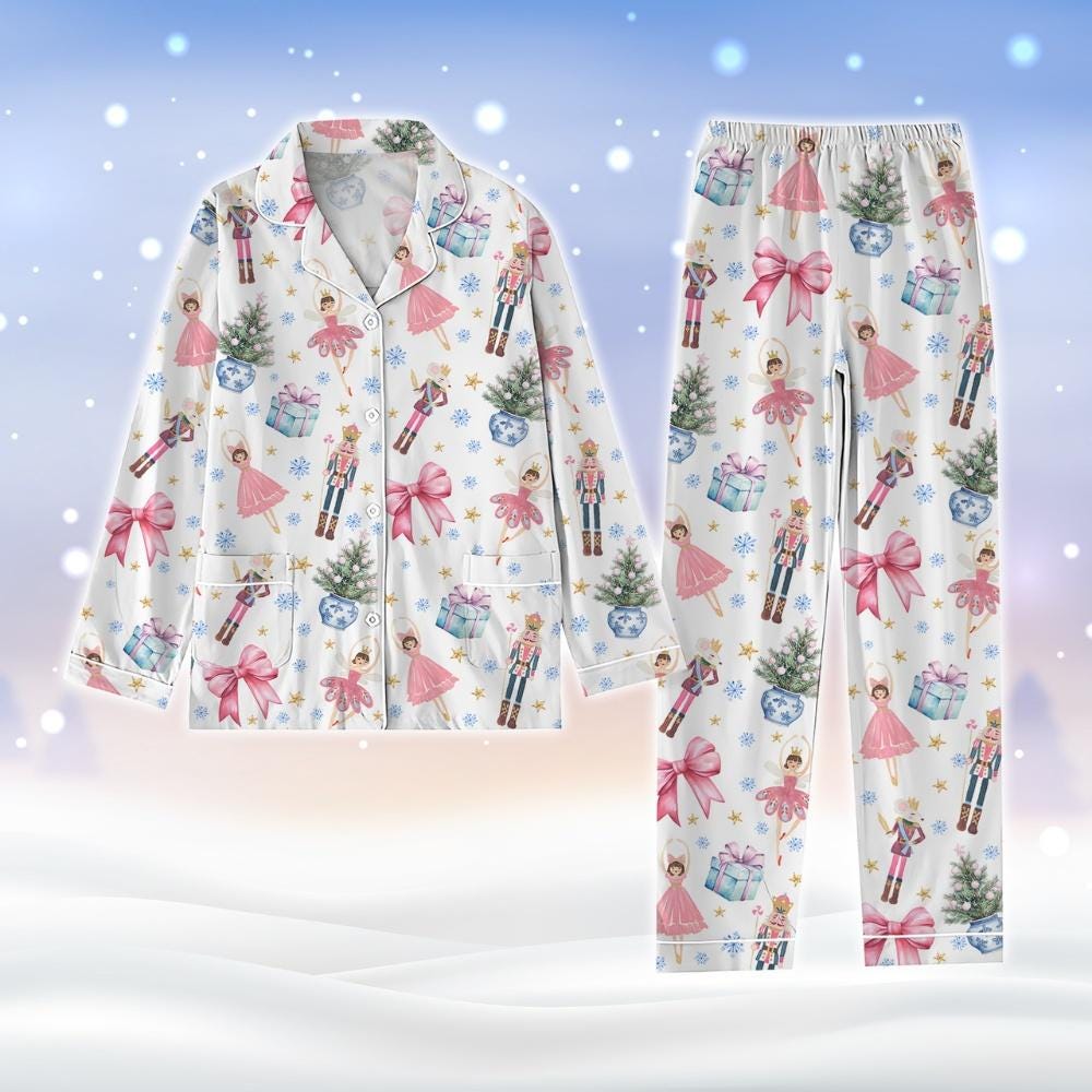 Nutcracker Coquette Christmas Pajamas Set, Pink Fairy Holiday Pajamas, Nutcracker Ballet Xmas Pajamas, Christmas Party Gift