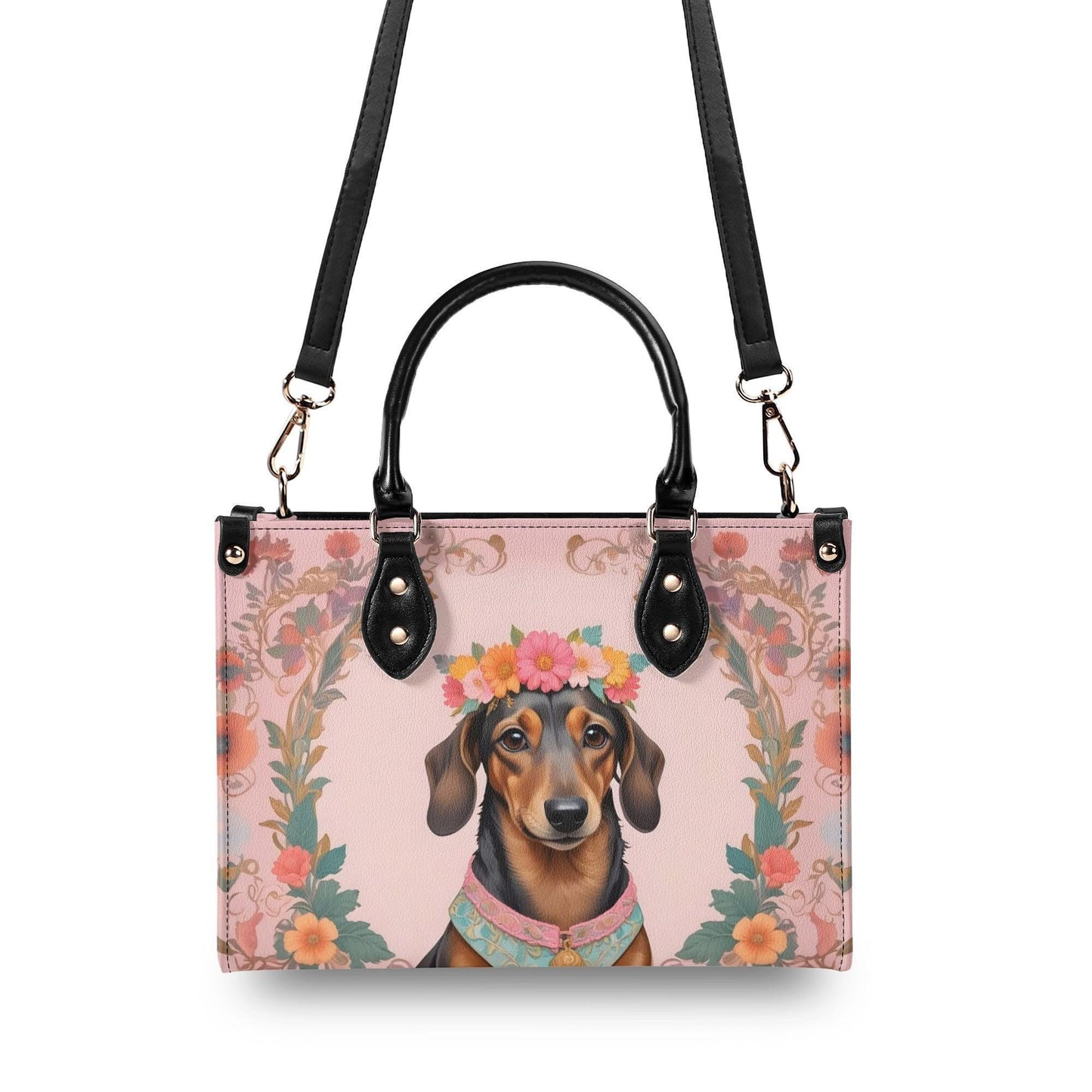 Dachshund Dog in Bohemian Flower Crown Bag Cute Crossbody Bag Unique Purse Cute Purse, Luxury Bag Vegan Leather Bags Printed Designer Bag