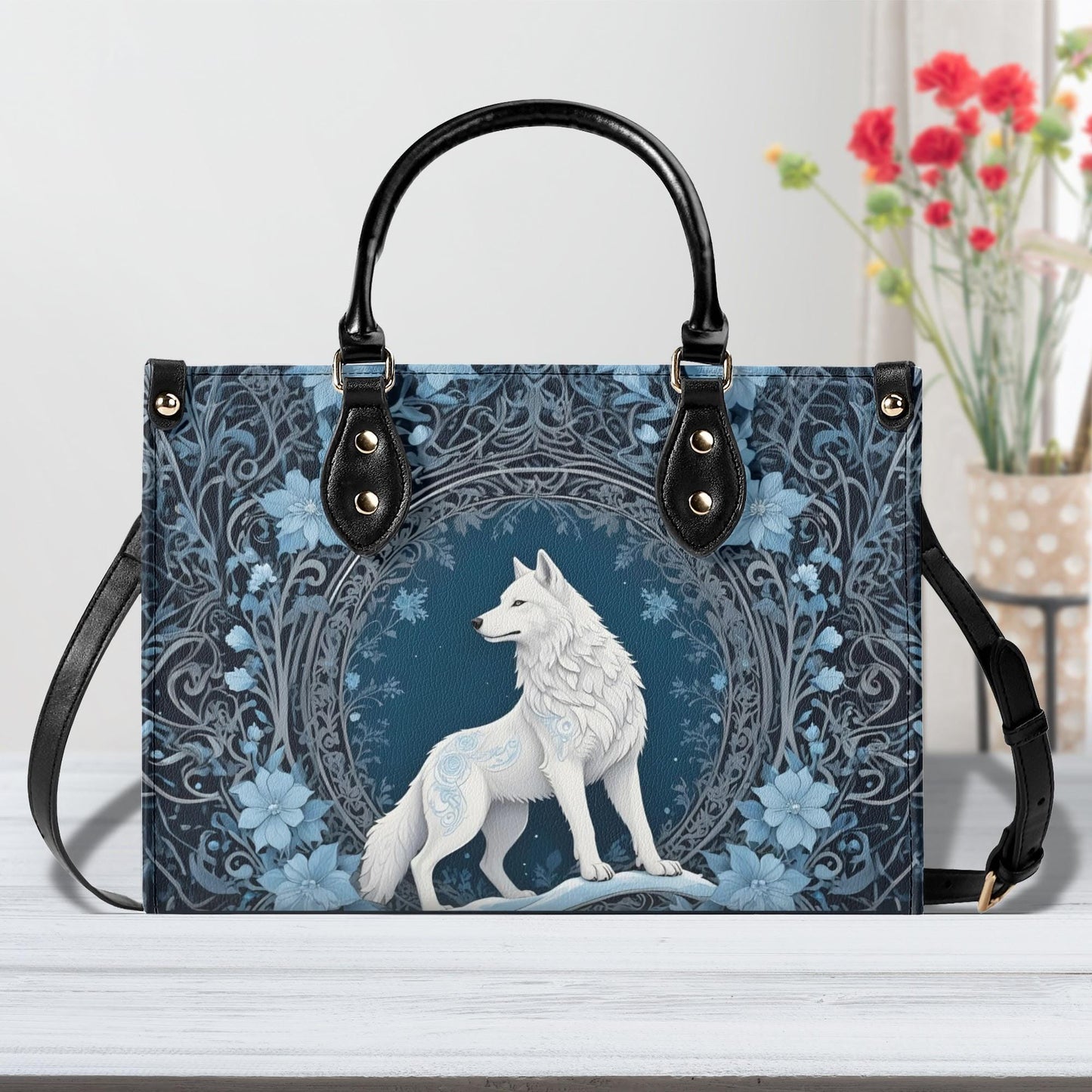 White Wolf Crossbody Bag - Mystical Vegan Leather Purse, Unique Nature-Inspired Gift for Women