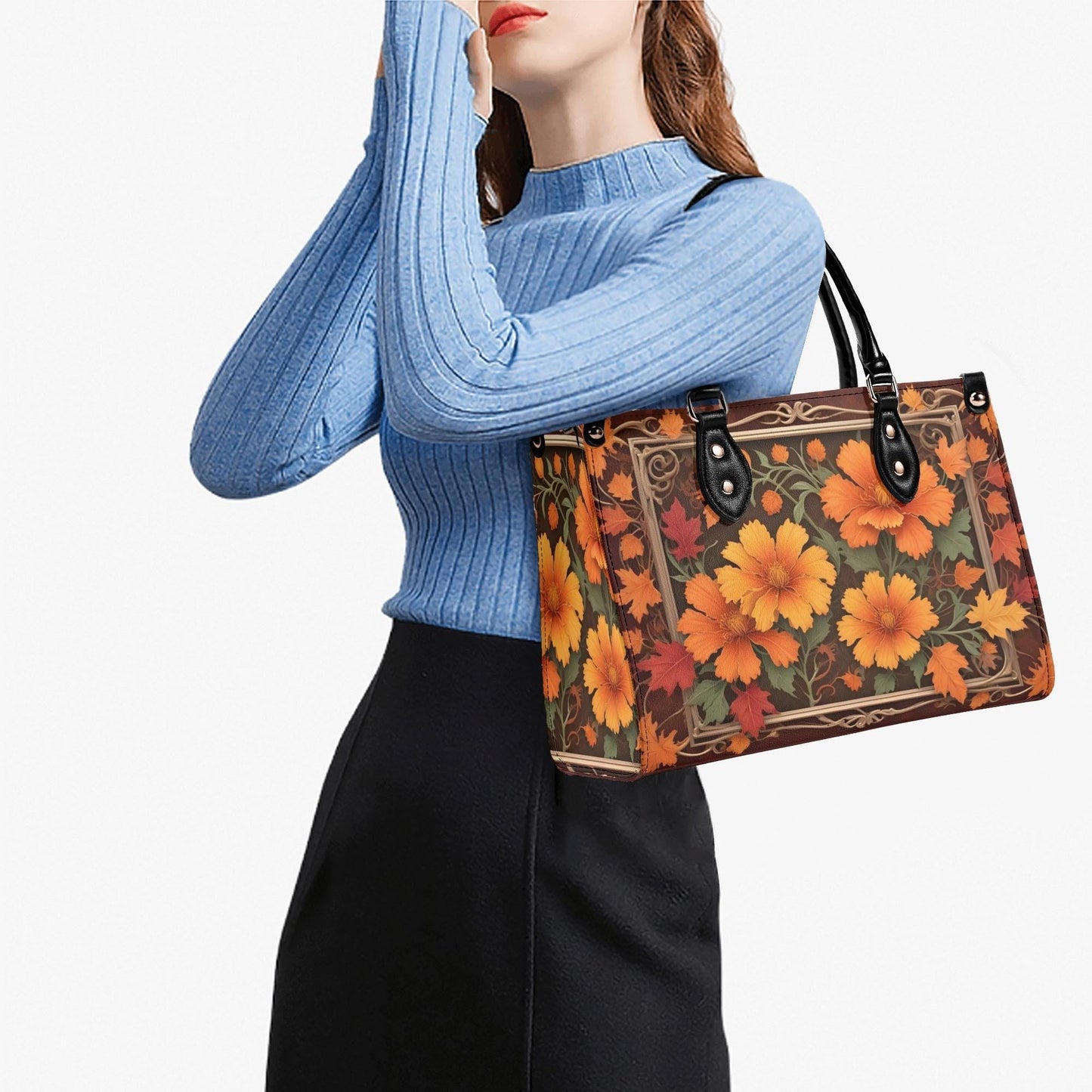 Autumn Maple Leaves and Marigolds Crossbody Bag - Nature-Inspired Vegan Leather Purse, Unique Gift for Women