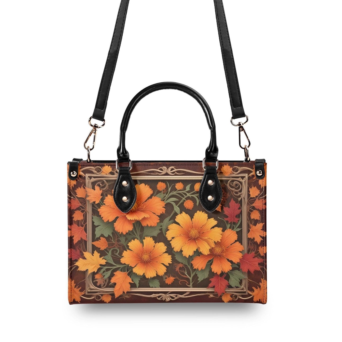 Autumn Maple Leaves and Marigolds Crossbody Bag - Nature-Inspired Vegan Leather Purse, Unique Gift for Women