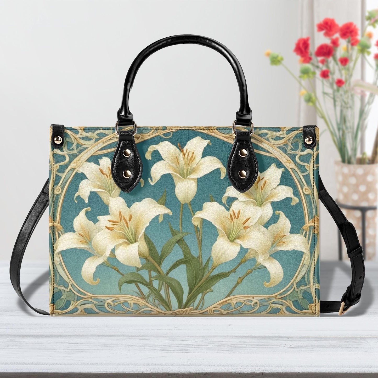 Ivory Lilies with Sky Blue Background Bag Cute Crossbody Bag Unique Purse Cute Purse, Luxury Bag Vegan Leather Bags Printed Designer Bag