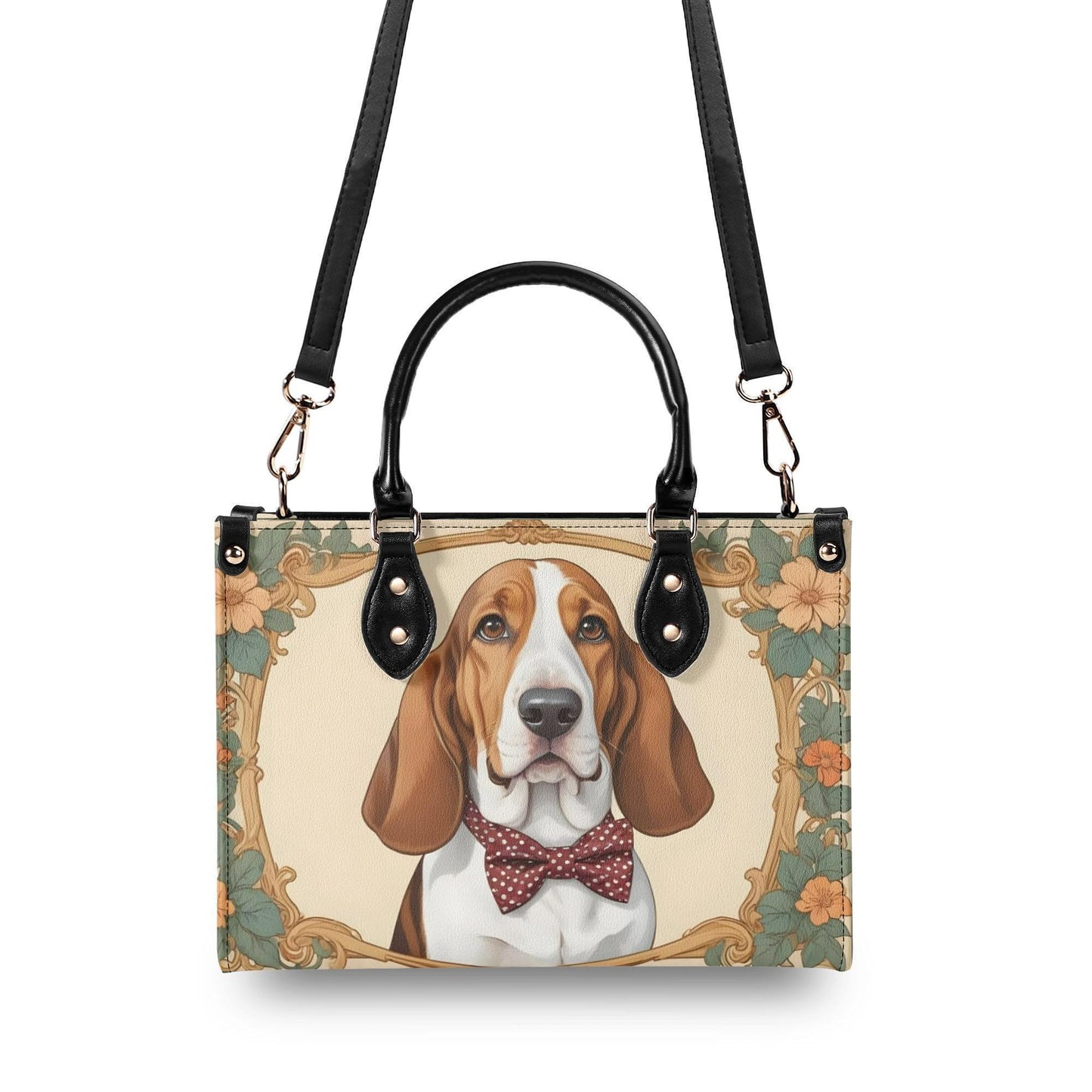 Basset Hound Dog in Polka Dot Bow Bag Cute Crossbody Bag Unique Purse Cute Purse, Luxury Bag Vegan Leather Bags Printed Designer Bag