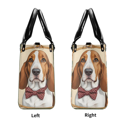 Basset Hound Dog in Polka Dot Bow Bag Cute Crossbody Bag Unique Purse Cute Purse, Luxury Bag Vegan Leather Bags Printed Designer Bag