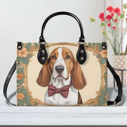 Basset Hound Dog in Polka Dot Bow Bag Cute Crossbody Bag Unique Purse Cute Purse, Luxury Bag Vegan Leather Bags Printed Designer Bag