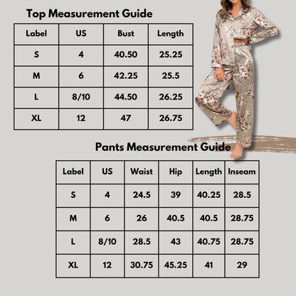 Satin Women's Pajama Set, Champagne Floral Long Sleeve Shirt and Trousers, Luxurious Sleepwear and Loungewear, Gift Set for the Holidays.