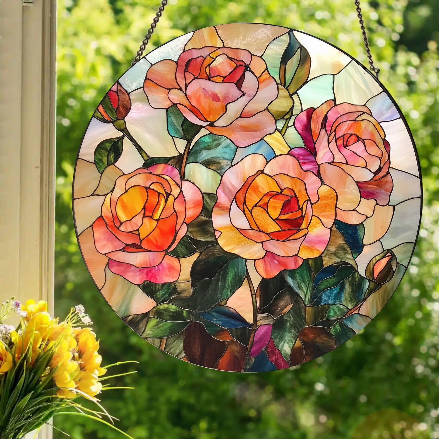 Peach Roses: Stained Glass Style Window Hanging