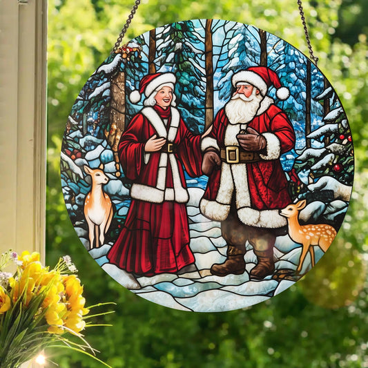 Santa and Mrs. Claus: Stained Glass Style Window Hanging Made With Real Glass