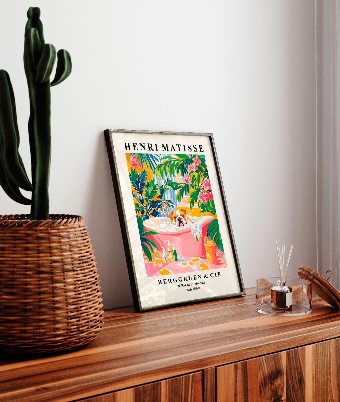 English Bulldog in Bathtub Art Print: Matisse Style Bathroom Decor