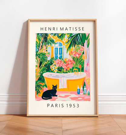 Black Cat Matisse Style Print: Funky Bathroom Wall Art