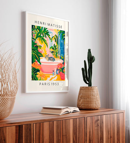 Grey Tabby Cat Bath Art Print: Matisse Style Bathroom Decor