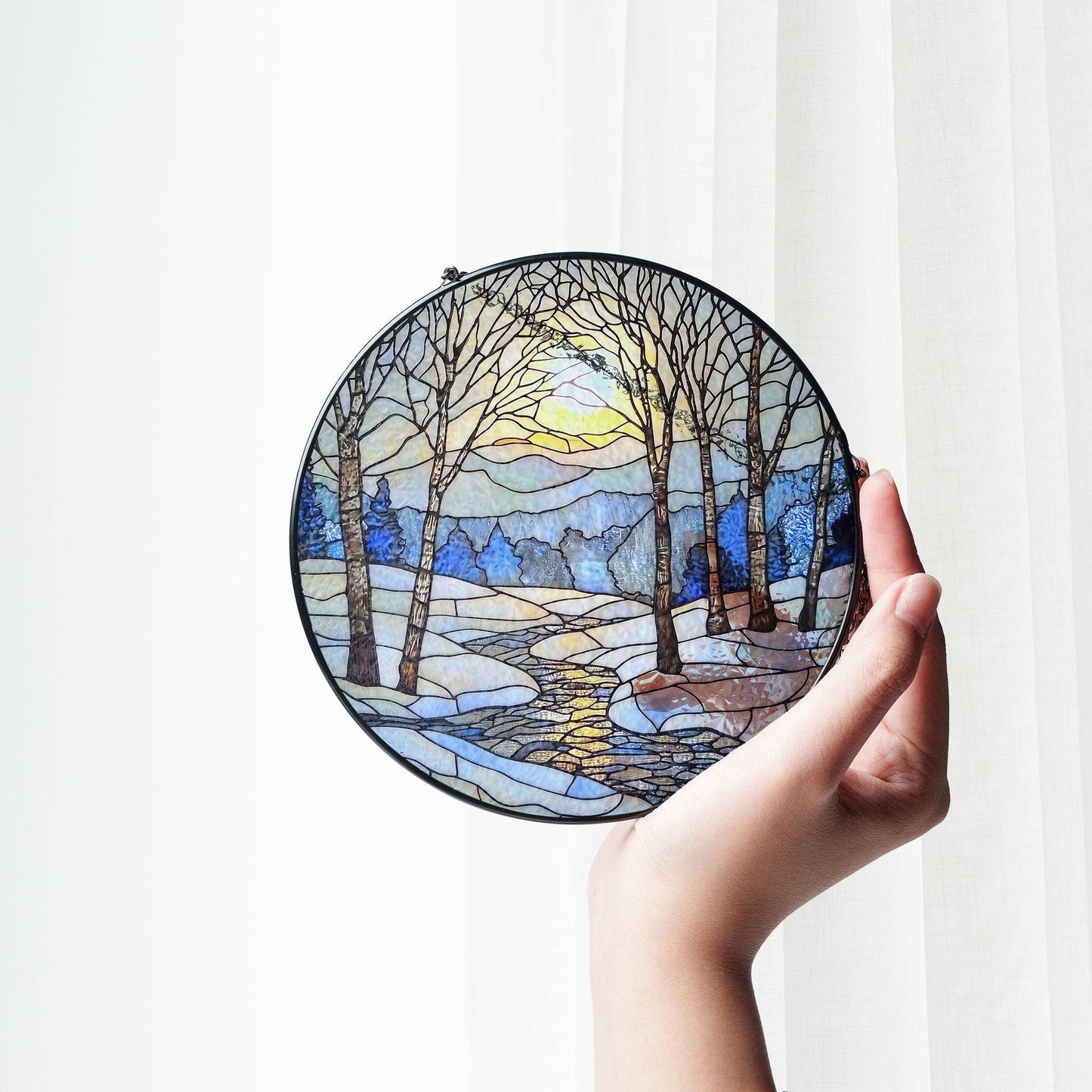 Stained Glass Winter Sunrise, Winter Stained Glass SunCatcher, Winter Season Light Catcher, Snow Home Decoration Gift, Winter Decor Gift
