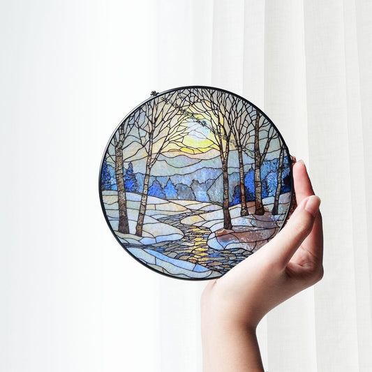 Stained Glass Winter Sunrise, Winter Stained Glass SunCatcher, Winter Season Light Catcher, Snow Home Decoration Gift, Winter Decor Gift