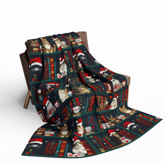 Cute Christmas Cat and Books Minky Blanket Cat Lover Sherpa Fleece Blanket Christmas Cat Mama Blanket Christmas Blanket Bookworm Blanket
